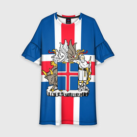 Детское платье 3D с принтом Флаг и Герб Исландии в Кировске, 100% полиэстер | прямой силуэт, чуть расширенный к низу. Круглая горловина, на рукавах — воланы | Тематика изображения на принте: бык | герб | грифон | дракон | исландии | исландия | коровы | красный | линии | орел | пастух | синий | флаг