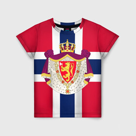 Детская футболка 3D с принтом Норвегия | Флаг и герб Норвегии в Кировске, 100% гипоаллергенный полиэфир | прямой крой, круглый вырез горловины, длина до линии бедер, чуть спущенное плечо, ткань немного тянется | герб | герб норвегии | корона | красный | лев | линии | норвегии | норвегия | синий | топор | флаг | флаг норвегии | щит