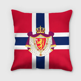 Подушка 3D с принтом Норвегия | Флаг и герб Норвегии в Кировске, наволочка – 100% полиэстер, наполнитель – холлофайбер (легкий наполнитель, не вызывает аллергию). | состоит из подушки и наволочки. Наволочка на молнии, легко снимается для стирки | герб | герб норвегии | корона | красный | лев | линии | норвегии | норвегия | синий | топор | флаг | флаг норвегии | щит