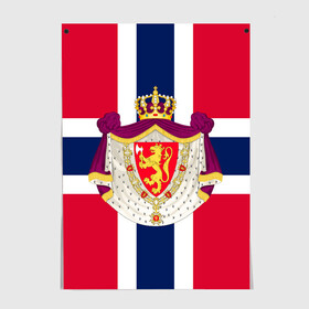Постер с принтом Норвегия | Флаг и герб Норвегии в Кировске, 100% бумага
 | бумага, плотность 150 мг. Матовая, но за счет высокого коэффициента гладкости имеет небольшой блеск и дает на свету блики, но в отличии от глянцевой бумаги не покрыта лаком | герб | герб норвегии | корона | красный | лев | линии | норвегии | норвегия | синий | топор | флаг | флаг норвегии | щит