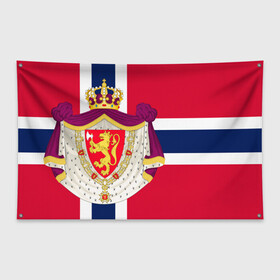 Флаг-баннер с принтом Норвегия | Флаг Норвегии в Кировске, 100% полиэстер | размер 67 х 109 см, плотность ткани — 95 г/м2; по краям флага есть четыре люверса для крепления | герб | герб норвегии | корона | красный | лев | линии | норвегии | норвегия | синий | топор | флаг | флаг норвегии | щит