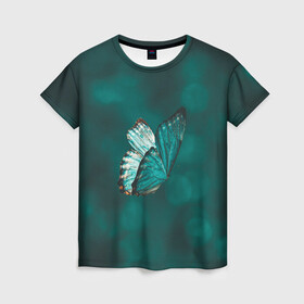 Женская футболка 3D с принтом Синяя бабочка в Кировске, 100% полиэфир ( синтетическое хлопкоподобное полотно) | прямой крой, круглый вырез горловины, длина до линии бедер | butterfly | бабочка | летит | магия | порхает | синяя