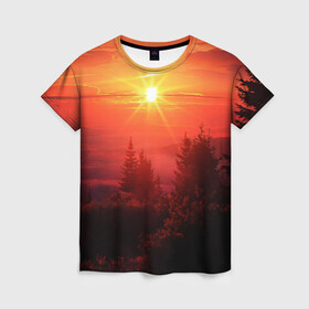 Женская футболка 3D с принтом УТРЕННИЙ РАССВЕТ НАД ОБЛАКАМИ в Кировске, 100% полиэфир ( синтетическое хлопкоподобное полотно) | прямой крой, круглый вырез горловины, длина до линии бедер | деревья | лес | лето | лучи | облака | рассвет | солнце | утро
