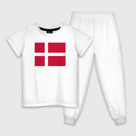 Детская пижама хлопок с принтом Дания | Флаг Дании в Кировске, 100% хлопок |  брюки и футболка прямого кроя, без карманов, на брюках мягкая резинка на поясе и по низу штанин
 | Тематика изображения на принте: белый | герб | дании | дания | красный | линии | флаг