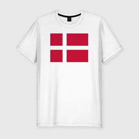 Мужская футболка хлопок Slim с принтом Дания | Флаг Дании в Кировске, 92% хлопок, 8% лайкра | приталенный силуэт, круглый вырез ворота, длина до линии бедра, короткий рукав | белый | герб | дании | дания | красный | линии | флаг