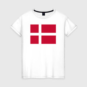 Женская футболка хлопок с принтом Дания | Флаг Дании в Кировске, 100% хлопок | прямой крой, круглый вырез горловины, длина до линии бедер, слегка спущенное плечо | белый | герб | дании | дания | красный | линии | флаг