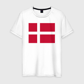 Мужская футболка хлопок с принтом Дания | Флаг Дании в Кировске, 100% хлопок | прямой крой, круглый вырез горловины, длина до линии бедер, слегка спущенное плечо. | белый | герб | дании | дания | красный | линии | флаг