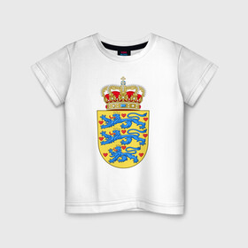 Детская футболка хлопок с принтом Дания | Герб Дании в Кировске, 100% хлопок | круглый вырез горловины, полуприлегающий силуэт, длина до линии бедер | герб | дании | дания | корона | лев | львы | сердца | сердце | флаг | щит