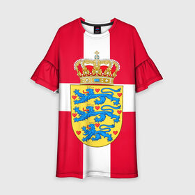 Детское платье 3D с принтом Дания | Герб и флаг Дании в Кировске, 100% полиэстер | прямой силуэт, чуть расширенный к низу. Круглая горловина, на рукавах — воланы | герб | дании | дания | корона | лев | львы | сердца | сердце | флаг | щит
