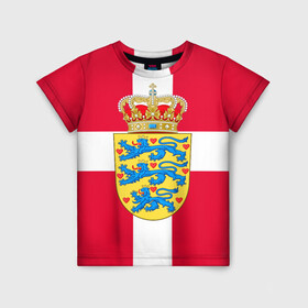Детская футболка 3D с принтом Дания | Герб и флаг Дании в Кировске, 100% гипоаллергенный полиэфир | прямой крой, круглый вырез горловины, длина до линии бедер, чуть спущенное плечо, ткань немного тянется | герб | дании | дания | корона | лев | львы | сердца | сердце | флаг | щит