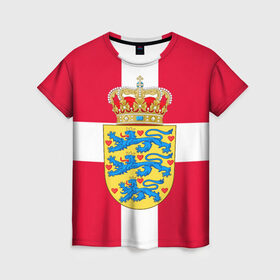 Женская футболка 3D с принтом Дания | Герб и флаг Дании в Кировске, 100% полиэфир ( синтетическое хлопкоподобное полотно) | прямой крой, круглый вырез горловины, длина до линии бедер | герб | дании | дания | корона | лев | львы | сердца | сердце | флаг | щит