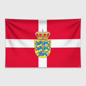Флаг-баннер с принтом Дания | Герб и флаг Дании в Кировске, 100% полиэстер | размер 67 х 109 см, плотность ткани — 95 г/м2; по краям флага есть четыре люверса для крепления | герб | дании | дания | корона | лев | львы | сердца | сердце | флаг | щит