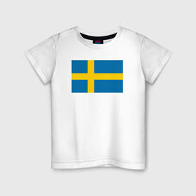 Детская футболка хлопок с принтом Швеция | Флаг Швеции в Кировске, 100% хлопок | круглый вырез горловины, полуприлегающий силуэт, длина до линии бедер | герб | желтый | знак | линии | прямоугольник | символика | синий | флаг | швеции | швеция