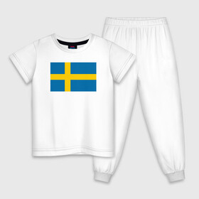 Детская пижама хлопок с принтом Швеция | Флаг Швеции в Кировске, 100% хлопок |  брюки и футболка прямого кроя, без карманов, на брюках мягкая резинка на поясе и по низу штанин
 | Тематика изображения на принте: герб | желтый | знак | линии | прямоугольник | символика | синий | флаг | швеции | швеция