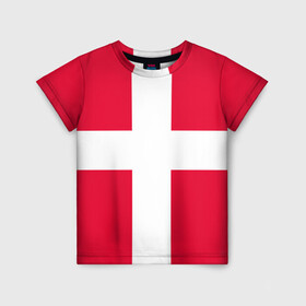 Детская футболка 3D с принтом Дания | Флаг Дании в Кировске, 100% гипоаллергенный полиэфир | прямой крой, круглый вырез горловины, длина до линии бедер, чуть спущенное плечо, ткань немного тянется | белый | герб | государство | дании | дания | знак | красный | крест | линии | символика | страна | флаг