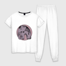 Женская пижама хлопок с принтом Розовый слон в Кировске, 100% хлопок | брюки и футболка прямого кроя, без карманов, на брюках мягкая резинка на поясе и по низу штанин | Тематика изображения на принте: гравюра | графика | животные | природа | розовый | слон