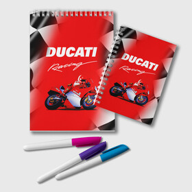 Блокнот с принтом DUCATI / ДУКАТИ / RACING в Кировске, 100% бумага | 48 листов, плотность листов — 60 г/м2, плотность картонной обложки — 250 г/м2. Листы скреплены удобной пружинной спиралью. Цвет линий — светло-серый
 | Тематика изображения на принте: ducati | motorcycle | motosport | racing | speed | sport | байк. | гонки | двигатель | дукати | мото | мотокросс | мотоспорт | мототриал | мотоцикл | скорость | спорт