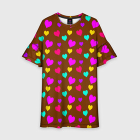 Детское платье 3D с принтом сердечки разноцветные  в Кировске, 100% полиэстер | прямой силуэт, чуть расширенный к низу. Круглая горловина, на рукавах — воланы | hearts | love | бирюзовый | влюбленый | желтый | коричневый | любовь | разноцветные | розовый | сердечко | сердце | шоколад
