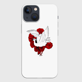 Чехол для iPhone 13 mini с принтом Аист на фоне красных роз в Кировске,  |  | аист | птица | птицы | розы | цветы