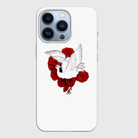 Чехол для iPhone 13 Pro с принтом Аист на фоне красных роз в Кировске,  |  | аист | птица | птицы | розы | цветы