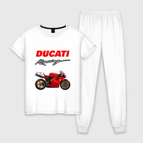 Женская пижама хлопок с принтом DUCATI / ДУКАТИ / MOTOSPORT в Кировске, 100% хлопок | брюки и футболка прямого кроя, без карманов, на брюках мягкая резинка на поясе и по низу штанин | ducati | motorcycle | motosport | racing | speed | sport | байк. | гонки | двигатель | дукати | мото | мотокросс | мотоспорт | мототриал | мотоцикл | скорость | спорт