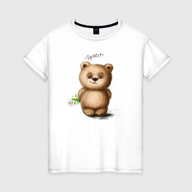 Женская футболка хлопок с принтом Медведь в Кировске, 100% хлопок | прямой крой, круглый вырез горловины, длина до линии бедер, слегка спущенное плечо | зверь | игрушка цветок | медведик | медведь | медвежонок | милый | мишка | привет | ромашка