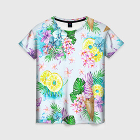 Женская футболка 3D с принтом Тропические цветы и фрукты в Кировске, 100% полиэфир ( синтетическое хлопкоподобное полотно) | прямой крой, круглый вырез горловины, длина до линии бедер | Тематика изображения на принте: ананас | ананасы | букеты | монстера | мороженое | орхидеи | отдых | пляжные | тропики | фрукты | цветочки | цветы | юг | южные