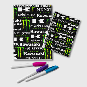 Блокнот с принтом KAWASAKI X MONSTER ENERGY в Кировске, 100% бумага | 48 листов, плотность листов — 60 г/м2, плотность картонной обложки — 250 г/м2. Листы скреплены удобной пружинной спиралью. Цвет линий — светло-серый
 | Тематика изображения на принте: kawasaki | monster energy | motorcycle | motosport | racing | speed | sport | байк | гонки | двигатель | кавасаки | монстер энерджи. | мото | мотокросс | мотоспорт | мототриал | мотоцикл | скорость | спорт