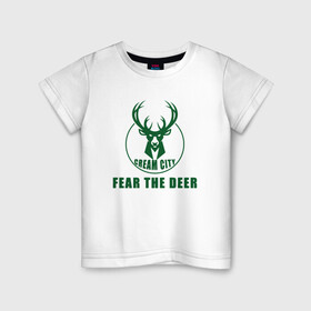 Детская футболка хлопок с принтом Fear The Deer в Кировске, 100% хлопок | круглый вырез горловины, полуприлегающий силуэт, длина до линии бедер | Тематика изображения на принте: antetokounmpo | basketball | bucks | giannis | milwaukee | mvp | nba | sport | streetball | адетокумбо | бакс | баскетбол | игра | милуоки | мяч | нба | олень | спорт | стритбол | тренер | чемпион | янис