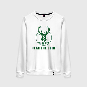 Женский свитшот хлопок с принтом Fear The Deer в Кировске, 100% хлопок | прямой крой, круглый вырез, на манжетах и по низу широкая трикотажная резинка  | antetokounmpo | basketball | bucks | giannis | milwaukee | mvp | nba | sport | streetball | адетокумбо | бакс | баскетбол | игра | милуоки | мяч | нба | олень | спорт | стритбол | тренер | чемпион | янис