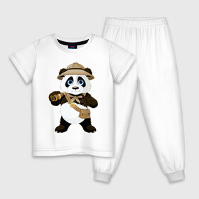 Детская пижама хлопок с принтом Панда путешественница  в Кировске, 100% хлопок |  брюки и футболка прямого кроя, без карманов, на брюках мягкая резинка на поясе и по низу штанин
 | Тематика изображения на принте: бинокль | животное | маленькая панда | медвежонок | панда | панда путешественница | путешественник | черно белый медведь | экспедитор