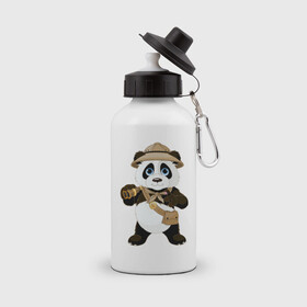 Бутылка спортивная с принтом Панда путешественница  в Кировске, металл | емкость — 500 мл, в комплекте две пластиковые крышки и карабин для крепления | бинокль | животное | маленькая панда | медвежонок | панда | панда путешественница | путешественник | черно белый медведь | экспедитор