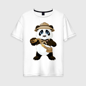 Женская футболка хлопок Oversize с принтом Панда путешественница  в Кировске, 100% хлопок | свободный крой, круглый ворот, спущенный рукав, длина до линии бедер
 | бинокль | животное | маленькая панда | медвежонок | панда | панда путешественница | путешественник | черно белый медведь | экспедитор