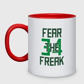 Кружка двухцветная с принтом Fear The Freak 34 в Кировске, керамика | объем — 330 мл, диаметр — 80 мм. Цветная ручка и кайма сверху, в некоторых цветах — вся внутренняя часть | Тематика изображения на принте: antetokounmpo | basketball | bucks | giannis | milwaukee | mvp | nba | sport | streetball | адетокумбо | бакс | баскетбол | игра | милуоки | мяч | нба | олень | спорт | стритбол | тренер | чемпион | янис