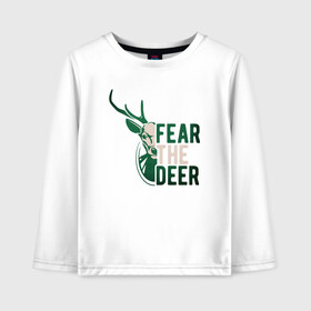 Детский лонгслив хлопок с принтом Fear The Deer в Кировске, 100% хлопок | круглый вырез горловины, полуприлегающий силуэт, длина до линии бедер | Тематика изображения на принте: antetokounmpo | basketball | bucks | giannis | milwaukee | mvp | nba | sport | streetball | адетокумбо | бакс | баскетбол | игра | милуоки | мяч | нба | олень | спорт | стритбол | тренер | чемпион | янис