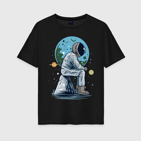 Женская футболка хлопок Oversize с принтом Космонавт сидит на камне в Кировске, 100% хлопок | свободный крой, круглый ворот, спущенный рукав, длина до линии бедер
 | astronaut | cosmos | galaxy | mars | moon | planet | planets | science | space | space travel | spaceman | stars | universe | астронавт | звезды | космонавт | космос | луна | марс | планета