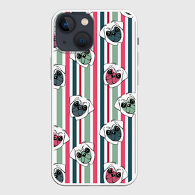 Чехол для iPhone 13 mini с принтом Мопсы в полоску в Кировске,  |  | летний | мопсы | мордочки | полоска | розовый с зеленым | собаки