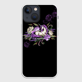 Чехол для iPhone 13 mini с принтом Единорог среди роз в Кировске,  |  | Тематика изображения на принте: rose | roses | unicorn | единорог | единороги | роза | розы | сказка | сказочный | сон | спящий | темный | фентези | фентэзи | цветочный | цветы | черный фон