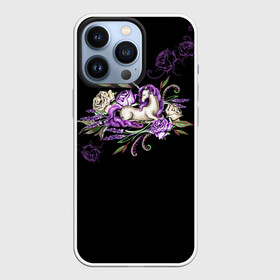 Чехол для iPhone 13 Pro с принтом Единорог среди роз в Кировске,  |  | rose | roses | unicorn | единорог | единороги | роза | розы | сказка | сказочный | сон | спящий | темный | фентези | фентэзи | цветочный | цветы | черный фон