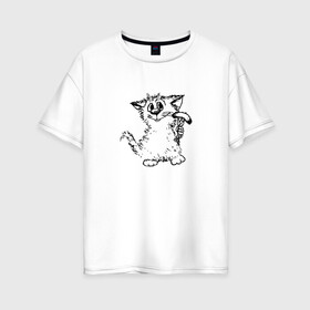 Женская футболка хлопок Oversize с принтом Котенок с вилкой и сосиской в Кировске, 100% хлопок | свободный крой, круглый ворот, спущенный рукав, длина до линии бедер
 | графика | киска | кот | котенок | котик | кошка | смешной кот | улыбающийся кот | черно белое