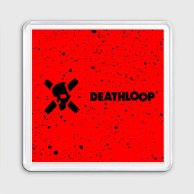 Магнит 55*55 с принтом Deathloop - Skull - Paint в Кировске, Пластик | Размер: 65*65 мм; Размер печати: 55*55 мм | death | deathloop | game | games | loop | paint | skull | брызги | дэслуп | дэт | дэтлуп | знак | игра | игры | краска | лого | луп | мертвая | пелтя | символ