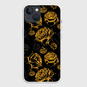 Чехол для iPhone 13 с принтом Розы. Золото с черным в Кировске,  |  | вечерний | графика | графический | золотистый | золото | золотой | крупные | праздничный | розочки | розы | темный | цветочки | цветочный | цветы | черный