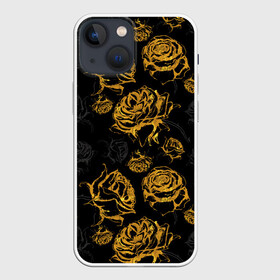 Чехол для iPhone 13 mini с принтом Розы. Золото с черным в Кировске,  |  | вечерний | графика | графический | золотистый | золото | золотой | крупные | праздничный | розочки | розы | темный | цветочки | цветочный | цветы | черный