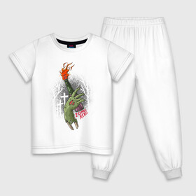 Детская пижама хлопок с принтом Zombie Rebel в Кировске, 100% хлопок |  брюки и футболка прямого кроя, без карманов, на брюках мягкая резинка на поясе и по низу штанин
 | восстание | зомби | иллюстрация | молотов | огонь | повстанцы