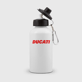 Бутылка спортивная с принтом DUCATI ЛОГОТИП НАДПИСЬ  в Кировске, металл | емкость — 500 мл, в комплекте две пластиковые крышки и карабин для крепления | Тематика изображения на принте: ducati | moto | motocycle | racing | sport | дукати | мото | мотоспорт | мотоцикл | рейсинг | спорт