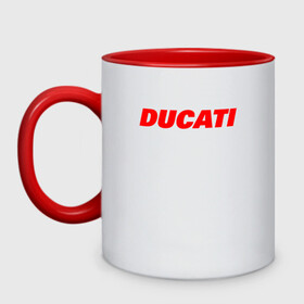 Кружка двухцветная с принтом DUCATI ЛОГОТИП НАДПИСЬ  в Кировске, керамика | объем — 330 мл, диаметр — 80 мм. Цветная ручка и кайма сверху, в некоторых цветах — вся внутренняя часть | ducati | moto | motocycle | racing | sport | дукати | мото | мотоспорт | мотоцикл | рейсинг | спорт