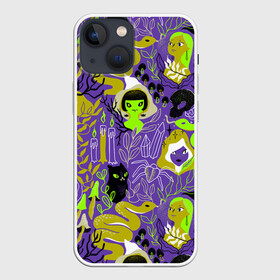 Чехол для iPhone 13 mini с принтом Шабаш в Кировске,  |  | halloween | kostolom3000 | ведьма | ведьмы | грибы | змея | кот | магия | природа | фиолетовый | хэллоуин | черный кот | шабаш