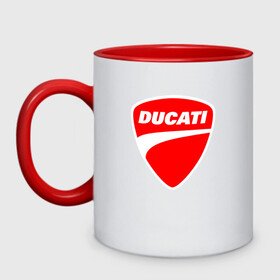 Кружка двухцветная с принтом DUCATI ДУКАТИ ЭМБЛЕМА в Кировске, керамика | объем — 330 мл, диаметр — 80 мм. Цветная ручка и кайма сверху, в некоторых цветах — вся внутренняя часть | Тематика изображения на принте: ducati | moto | motocycle | racing | sport | дукати | мото | мотоспорт | мотоцикл | рейсинг | спорт