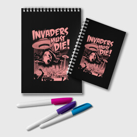 Блокнот с принтом Invaders must die в Кировске, 100% бумага | 48 листов, плотность листов — 60 г/м2, плотность картонной обложки — 250 г/м2. Листы скреплены удобной пружинной спиралью. Цвет линий — светло-серый
 | Тематика изображения на принте: alternative | dj | electo | music | prodigy | альтернатива | музыка | продиджи | продижи | электроника