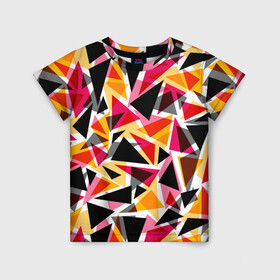 Детская футболка 3D с принтом Разноцветные треугольники в Кировске, 100% гипоаллергенный полиэфир | прямой крой, круглый вырез горловины, длина до линии бедер, чуть спущенное плечо, ткань немного тянется | абстрактный | геометрические фигуры | геометрический узор | желтый | красный | полигональный | разноцветный | треугольники | черный